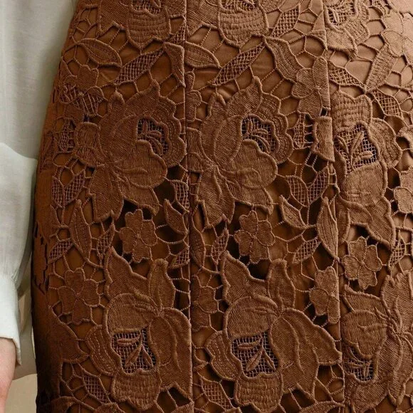 Coffee Brown Elegant Women's Patchwork Design Heavy Lace Hollow-Out Skirt - Picture 2 of 7